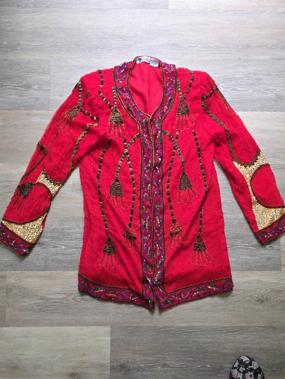 Vintage Essence Silk Statement Beaded Sequined Duster Jacket Red Gold Cardigan M